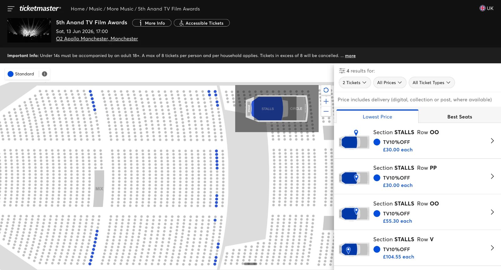 Ticketmaster seat map on 12 June 2026 with 4 listings available for two tickets
