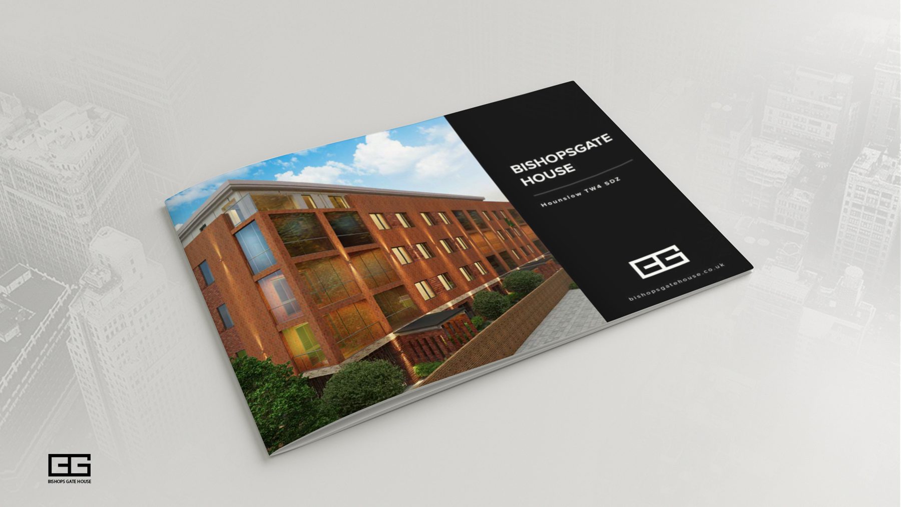 Brochure cover with a photo of the apartment building