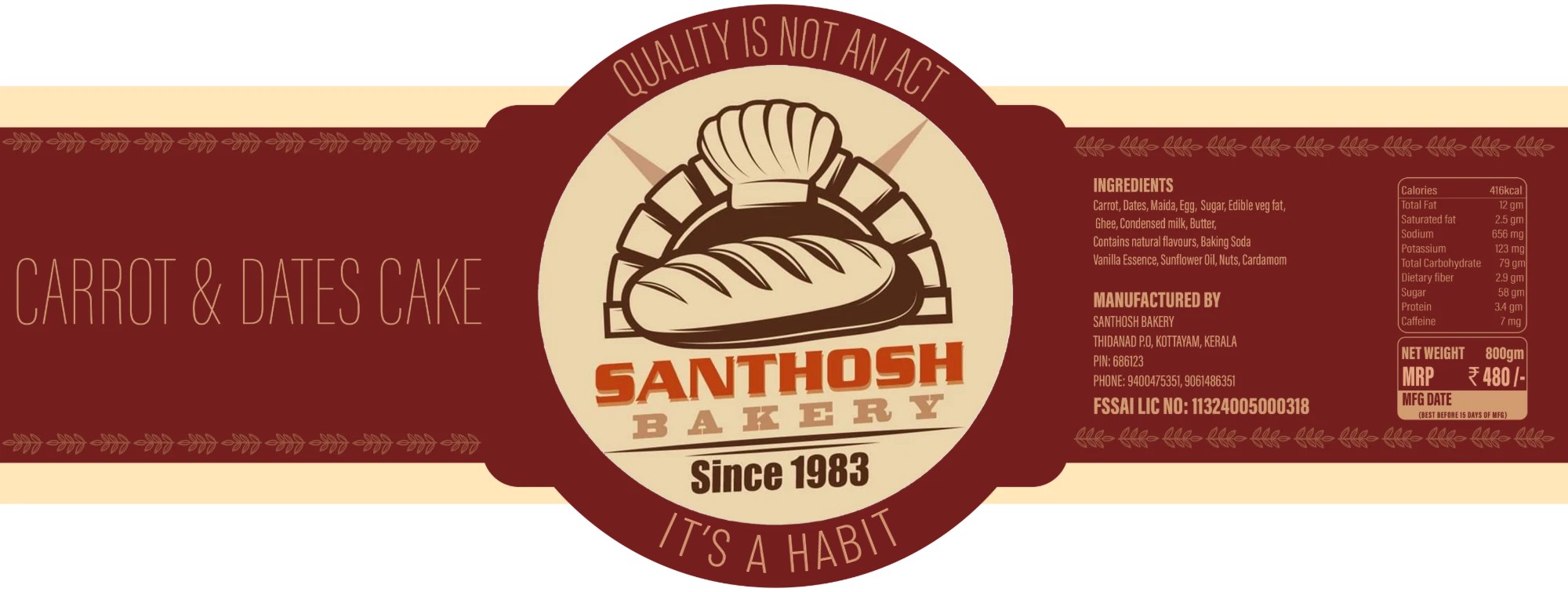 Carrot and Dates Cake label in maroon and cream with the Santhosh Bakery badge