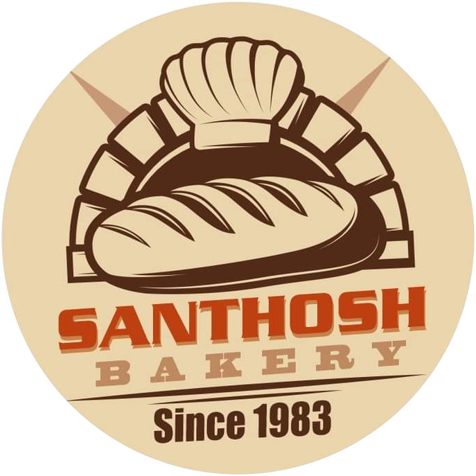 Santhosh Bakery logo: a chef's hat above a brick oven arch holding a scored loaf, with the name and Since 1983