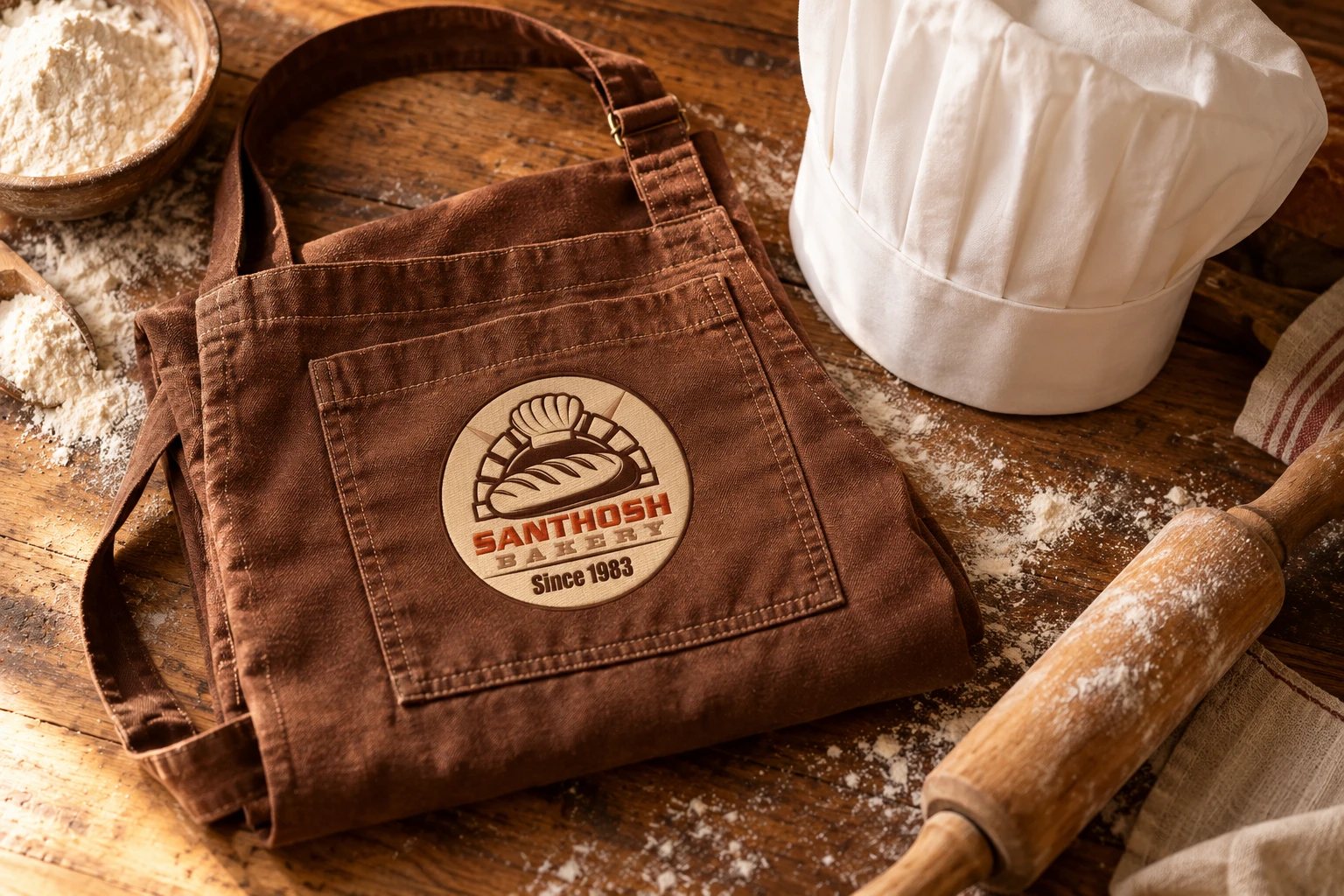 Brown baker's apron with the Santhosh Bakery badge embroidered on the pocket
