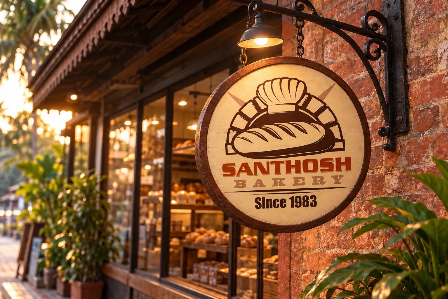 Santhosh Bakery logo on a projecting shop sign
